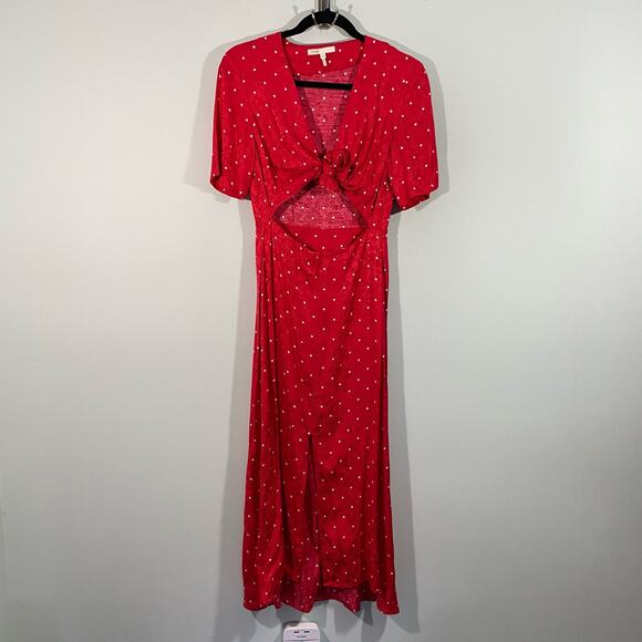 Maje Women's Red Polka Dot Textured Floral Tie Front Cutout Midi Dress Size 36 - Picture 2 of 9